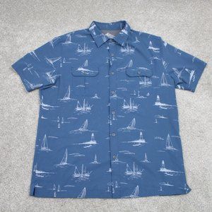 Croft &‎ Barrow AOP Quick Dry Shirt Mens Large Blue Lighthouse/Sailboat S/S Poly